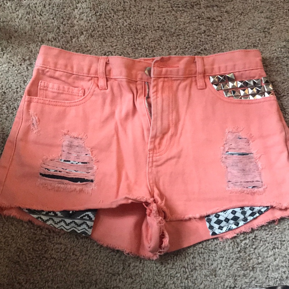 High waisted coral jean shorts with studs!